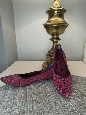 Rothy's Pointed Knit Flats in Burgundy with Blue Trim